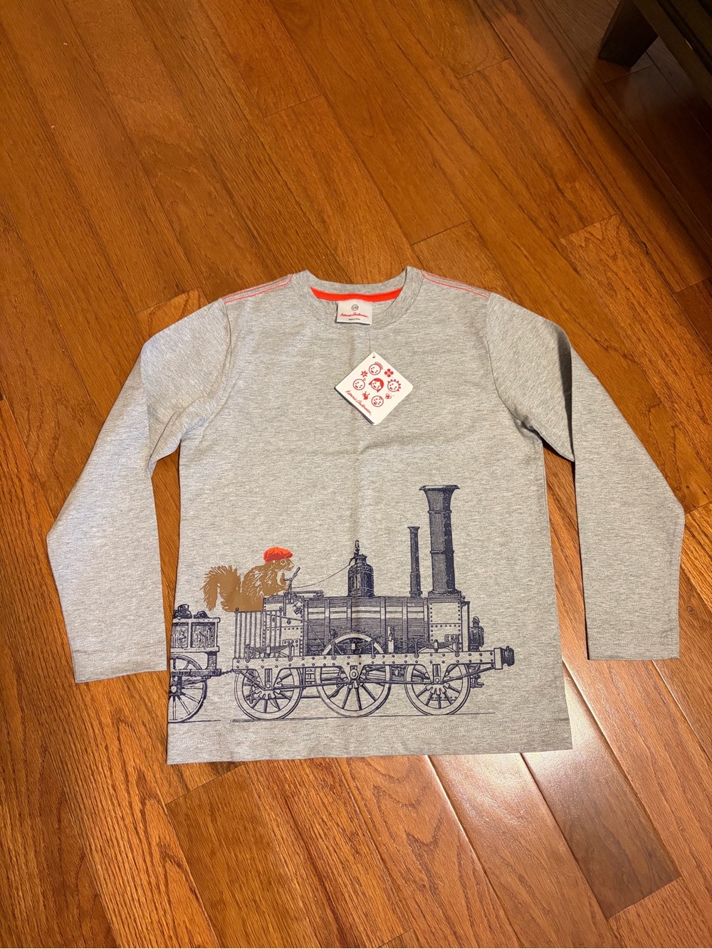 NWT Hanna Andersson Gray Long-Sleeve Tee with Navy Train & Brown Squirrel